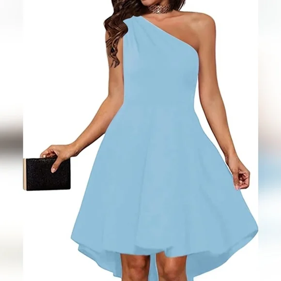 SARIN Mathews One Shoulder Long Sleeve High Lo A line Skater Blue Dress Medium - Picture 2 of 13